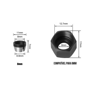 Kit Porca + Pinça para Tupia Laminadora - 6mm, 6.35mm ou 8mm - 8MM